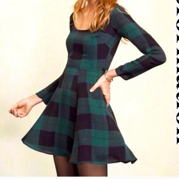 Reformation Green and Black Plaid Long Sleeve Val Dress - Picture 1 of 9